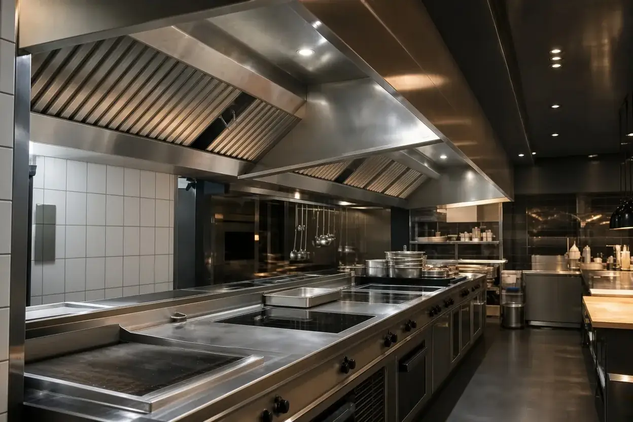 Professionele keuken met rvs-werkbladen en een afzuigkap boven de kooklijn