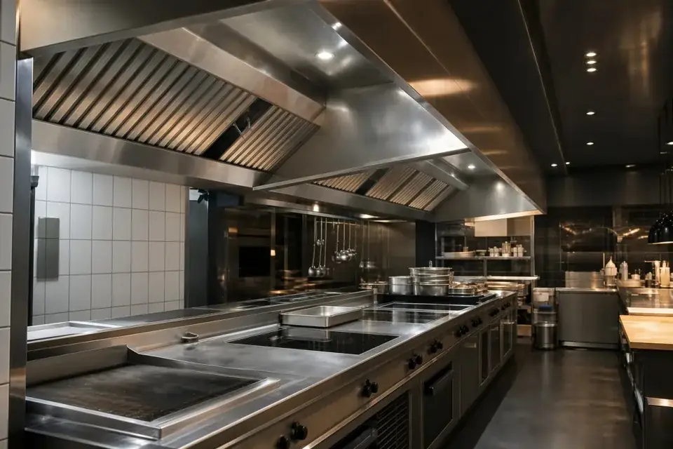 Rvs-afzuigkap boven apparatuur in een professionele keuken